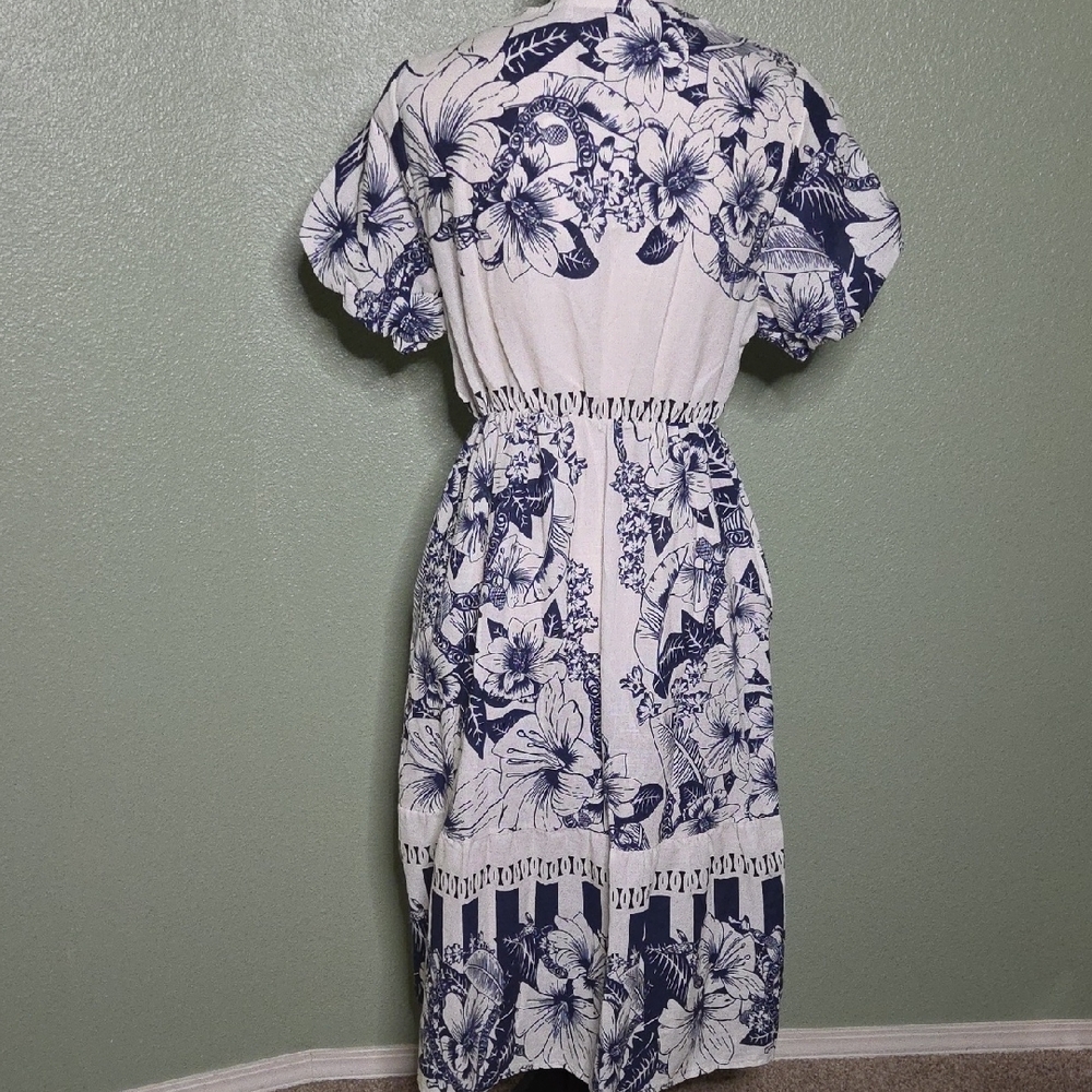 NWT Spighe Di Lino Large Navy Floral Lightweight Midi Dress With Pockets - Picture 3 of 10